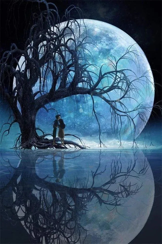 A10 - Peinture Diamant - Couple et Lune Bleue Mystique 30x40 - Art & Trésorts