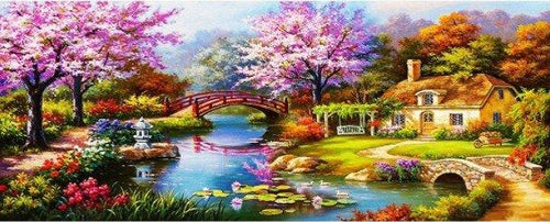 A33 - Peinture Diamant - Jardin Japonais et Cottage Enchanteur 80x30 - Art & Trésorts