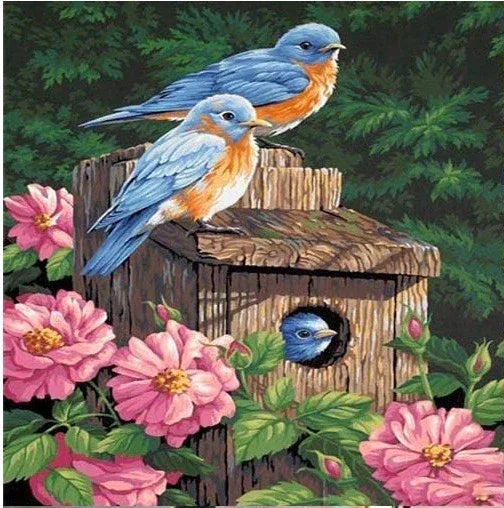 A38 - Peinture Diamant - Oiseaux Bleus et Nichoir Fleuri 30x40 - Art & Trésorts