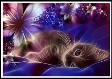 A58 - Peinture Diamant - Chat Féerique et Fleurs Violettes 30x40 - Art & Trésorts