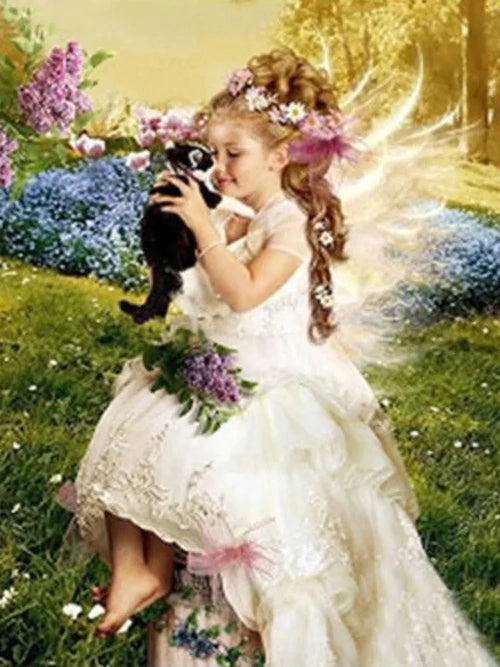 A59 - Peinture Diamant - Ange et Chat dans Jardin de Lilas 40x50 - Art & Trésorts