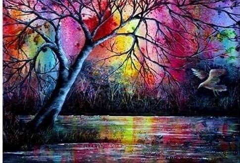 A6 - Peinture Diamant - Arbre Arc-en-Ciel au Bord du Lac 30x40 - Art & Trésorts