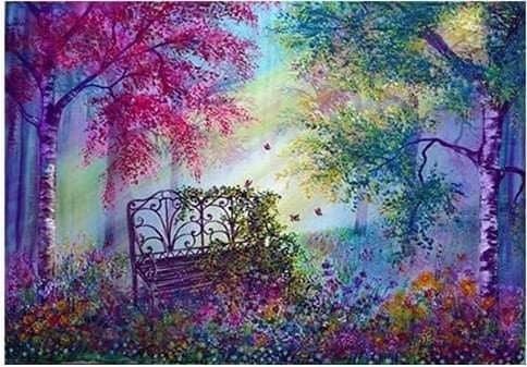 A7 - Peinture Diamant - Banc Fleuri sous Arbres Arc-en-Ciel 30x40 - Art & Trésorts