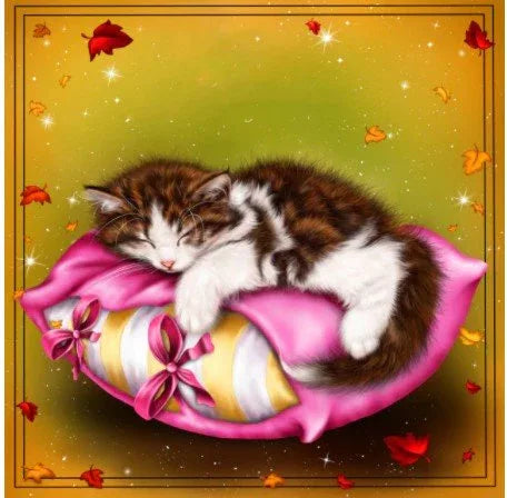 A72 - Peinture Diamant - Chaton Endormi sur Coussin Rose 40x40 - Art & Trésorts