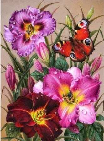 A75 - Peinture Diamant - Fleurs Violettes et Papillon Paon 30x40 - Art & Trésorts