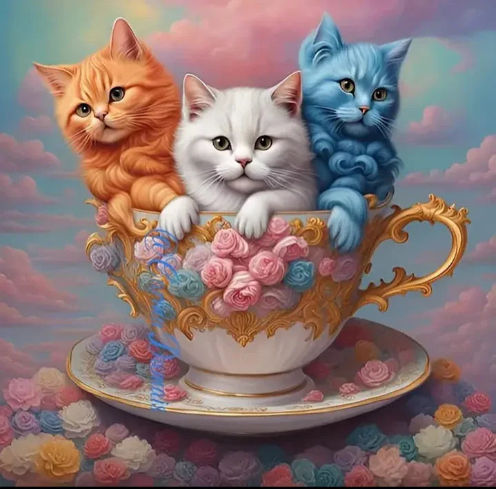 C1 - Peinture Diamant - Chatons dans Tasse Dorée 30x30 - Art & Trésorts