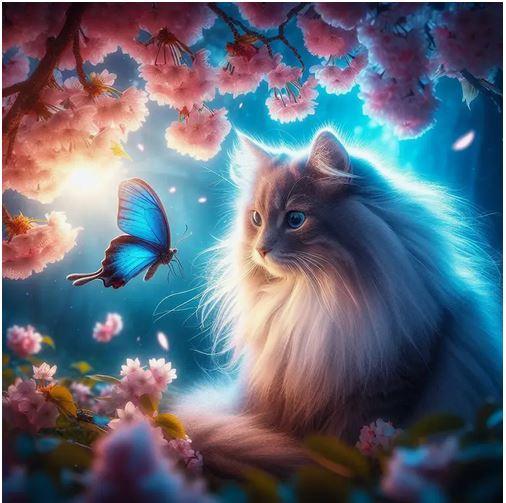 C106 - Peinture Diamant - Chat et Papillon Féeriques 40x40 - Art & Trésorts