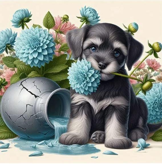 C109 - Peinture Diamant - Chiot et Dahlias Turquoise 40x40 - Art & Trésorts