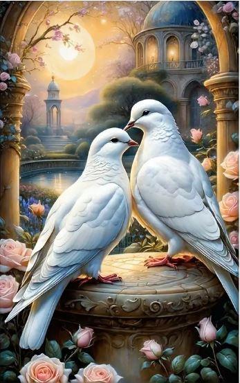 C113 - Peinture Diamant - Colombes Blanches et Jardin Romantique 40x70 - Art & Trésorts