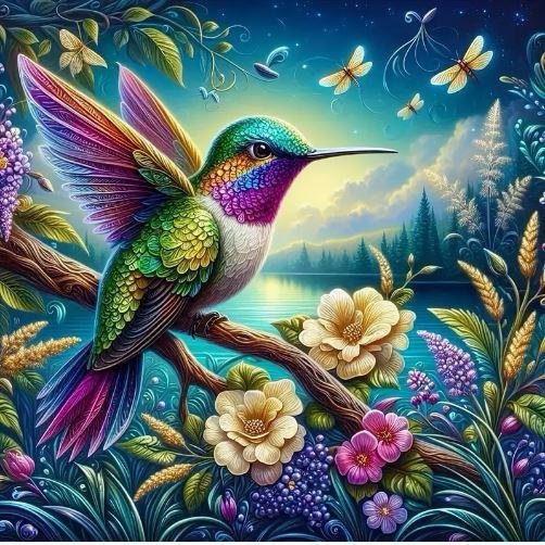 C115 - Peinture Diamant - Colibri Multicolore et Jardin Enchanteur 40x40 - Art & Trésorts