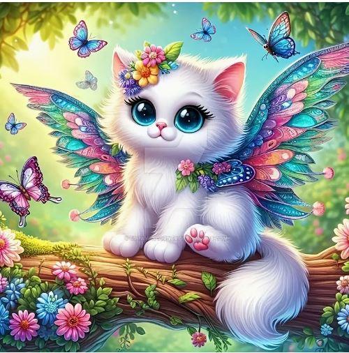 C116 - Peinture Diamant - Chaton Féerique Ailé 40x40 - Art & Trésorts