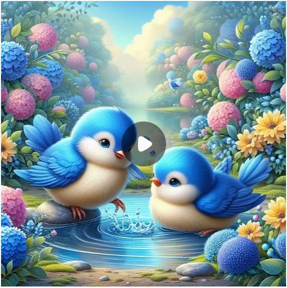 C119 - Peinture Diamant - Oiseaux Bleus et Hortensias 40x40 - Art & Trésorts