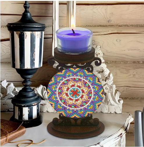 C133 - Support en Bois Chandelier - Mandala Multicolore 18,5x18 cm - Art & Trésorts