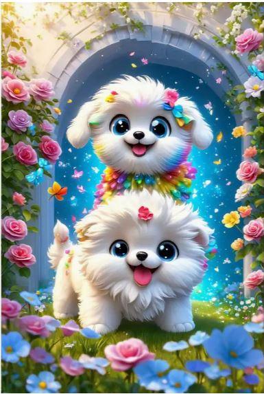 C20 - Peinture Diamant - Chiots Blancs et Jardin Fleuri 40x60 - Art & Trésorts