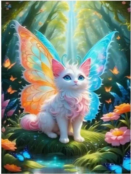 C27 - Peinture Diamant - Chaton Féerique Ailé Blanc 30x40 - Art & Trésorts