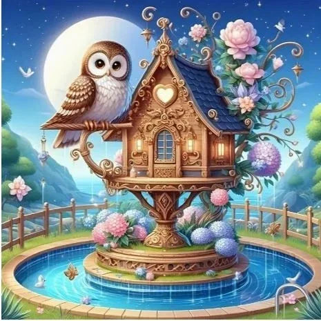 C28 - Peinture Diamant - Chouette et Maison Enchantée 30x30 - Art & Trésorts