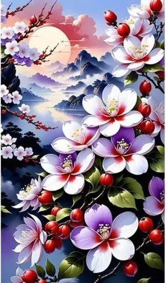 C3 - Peinture Diamant - Fleurs de Cerisier et Paysage Asiatique 40x70 - Art & Trésorts