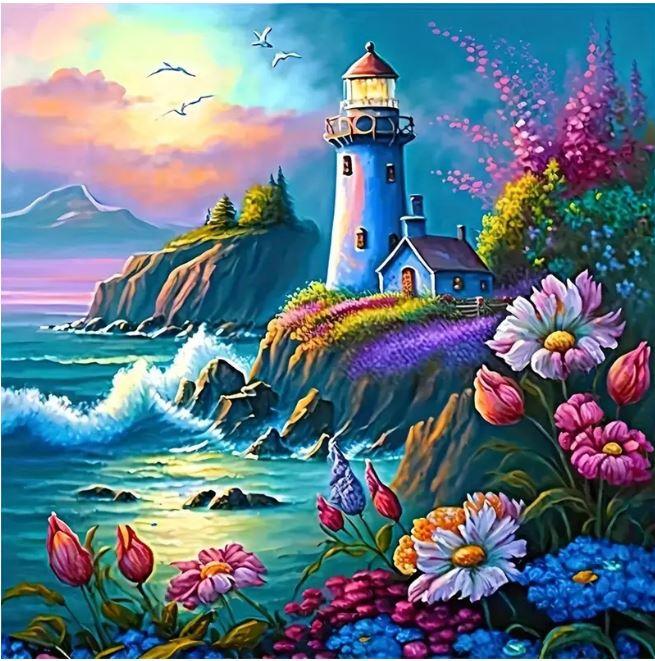 C31 - Peinture Diamant - Phare et Fleurs Côtières 30x30 - Art & Trésorts