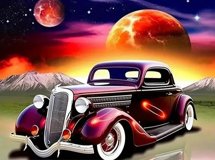 C36 - Peinture Diamant - Voiture Vintage Cosmique 30x40 - Art & Trésorts