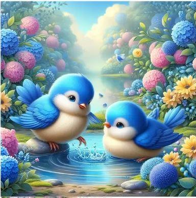 C49 - Peinture Diamant - Oiseaux Bleus et Jardin Fleuri 40x40 - Art & Trésorts