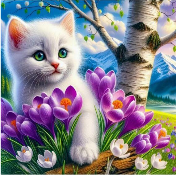 C63 - Peinture Diamant - Chaton Blanc et Crocus Printaniers 40x40 - Art & Trésorts