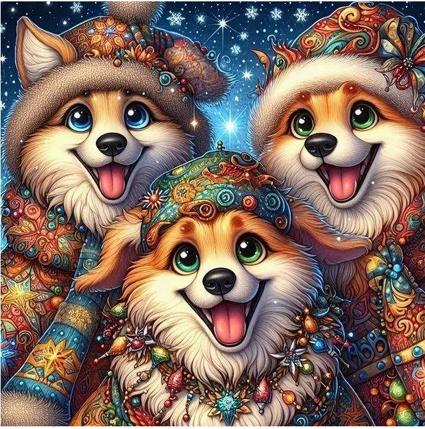 C65 - Peinture Diamant - Chiens de Noël Joyeux 40x40 - Art & Trésorts