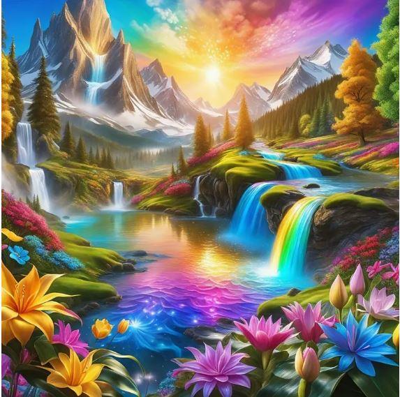 C79 - Peinture Diamant - Cascades et Fleurs Paradisiaques 30x30 - Art & Trésorts