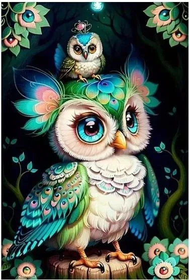 C8 - Peinture Diamant - Chouettes Féeriques Turquoise 40x50 - Art & Trésorts
