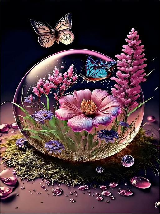 D114 - Peinture Diamant - Sphère de Cristal et Papillons 30x40 - Art & Trésorts