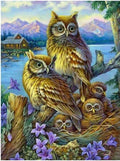 D125 - Peinture Diamant - Famille de Hiboux au Lac 20x30 - Art & Trésorts