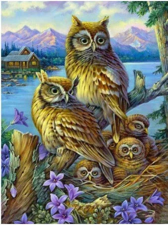 D125 - Peinture Diamant - Famille de Hiboux au Lac 20x30 - Art & Trésorts