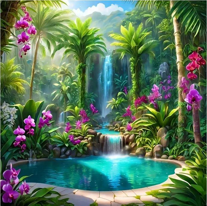 D143 - Peinture Diamant - Cascade Tropicale Paradisiaque 40x40 - Art & Trésorts