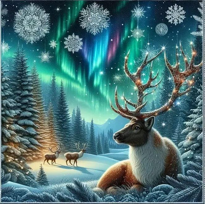 D163 - Peinture Diamant - Renne et Aurores Boréales 50x50 - Art & Trésorts