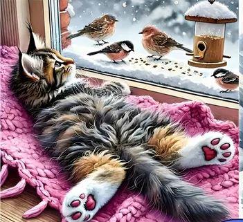 D166 - Peinture Diamant - Chaton et Oiseaux Hivernaux 30x30 - Art & Trésorts