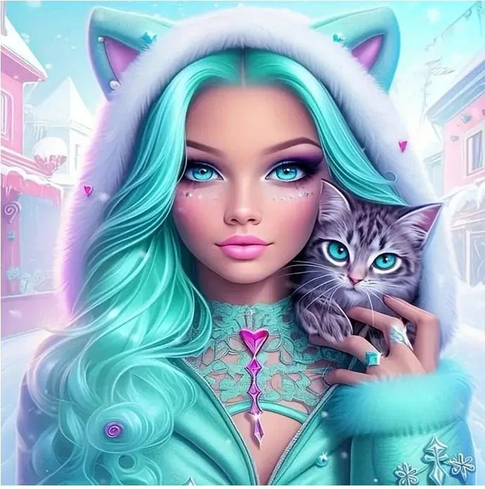 D179 - Peinture Diamant - Fille et Chaton Féeriques 30x30 - Art & Trésorts