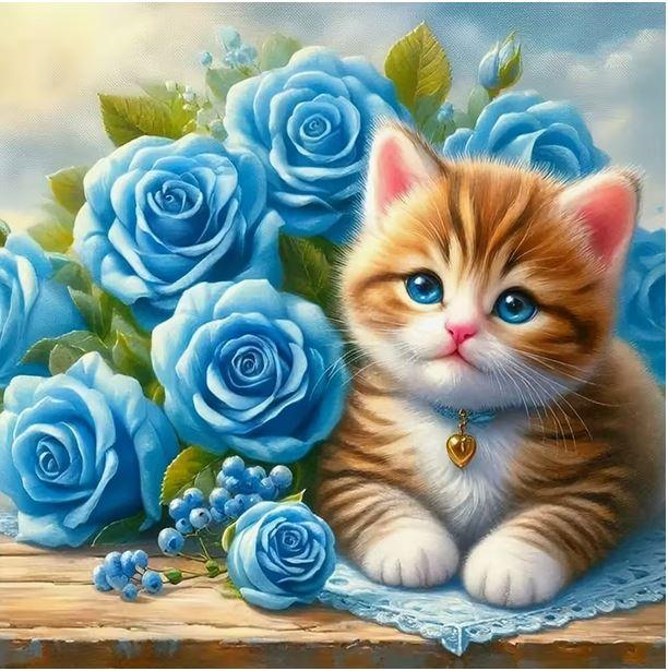 D197 - Peinture Diamant - Chaton et Roses Bleues 40x40 - Art & Trésorts