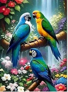 D20 - Peinture Diamant - Perroquets Colorés et Cascade 30x40 - Art & Trésorts