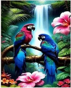 D22 - Peinture Diamant - Perroquets Aras et Cascade Tropicale 30x40 - Art & Trésorts