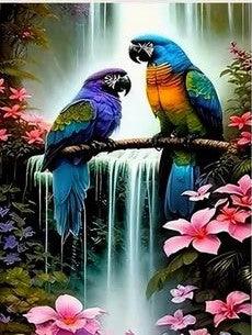 D23 - Peinture Diamant - Perroquets Bleus et Cascade 30x40 - Art & Trésorts