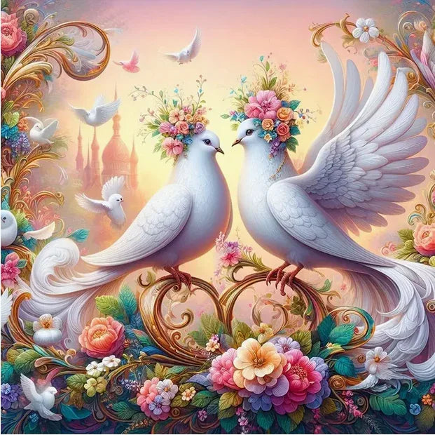 D5 - Peinture Diamant - Colombes Blanches Romantiques - Art & Trésorts