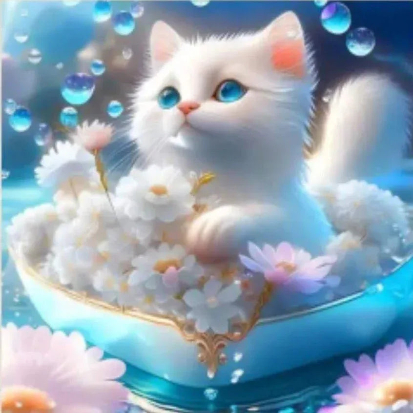 D59 - Peinture Diamant - Chaton Blanc dans Tasse Enchantée 20x20 - Art & Trésorts