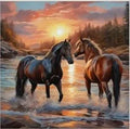 D61 - Peinture Diamant - Chevaux au Coucher de Soleil 20x20 - Art & Trésorts