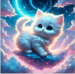 D65 - Peinture Diamant - Chaton Cosmique Bleu 20x20 - Art & Trésorts