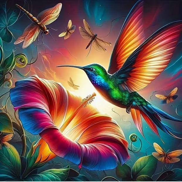 D73 - Peinture Diamant - Colibri et Fleur Arc-en-Ciel 40x40 - Art & Trésorts