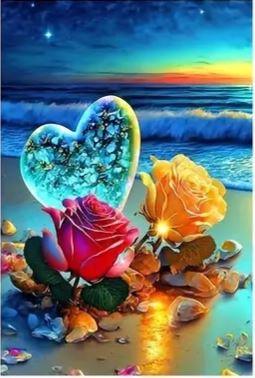 D78 - Peinture Diamant - Cœur de Cristal et Roses sur Plage 30x40 - Art & Trésorts