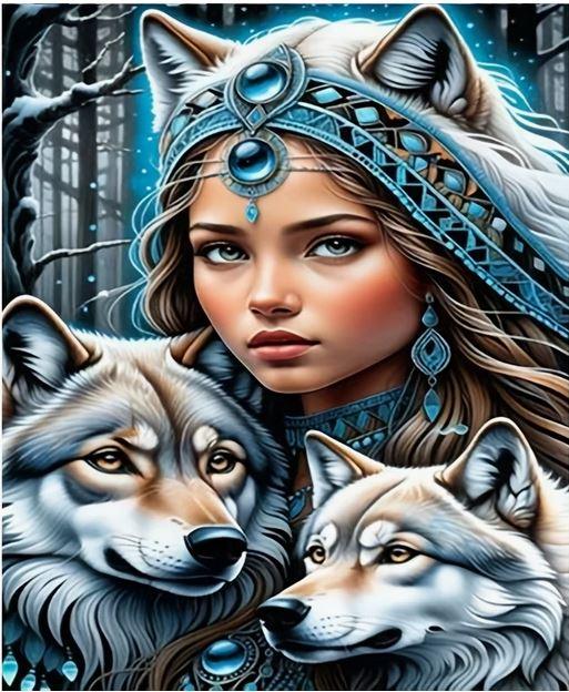 D94 - Peinture Diamant - Guerrière et Loups Mystiques 40x50 - Art & Trésorts