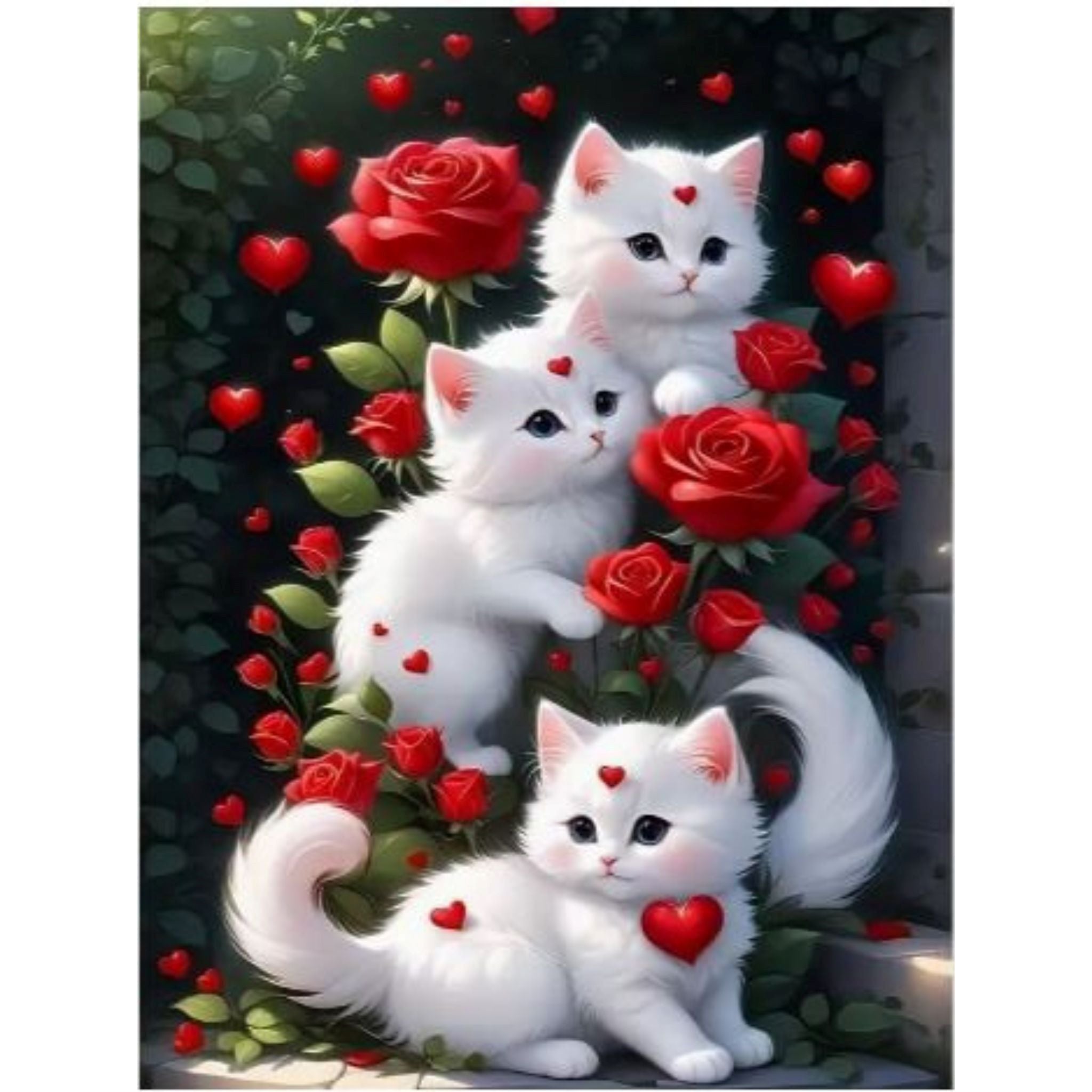 Diamond Painting Chatons Blancs Roses Rouges Coeurs 30x40cm - Art & Trésorts
