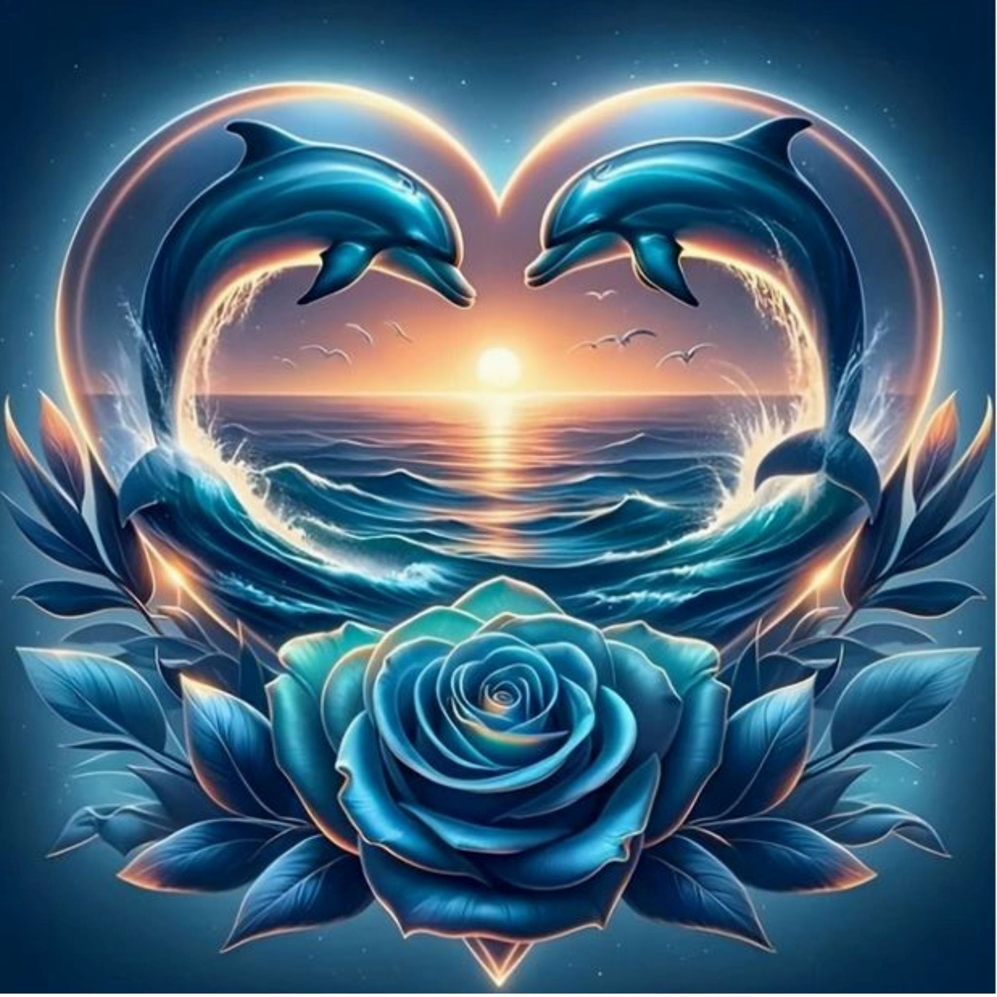 Diamond Painting Dauphins Cœur Rose Bleue 40x40 | Diamants Ronds - Art & Trésorts