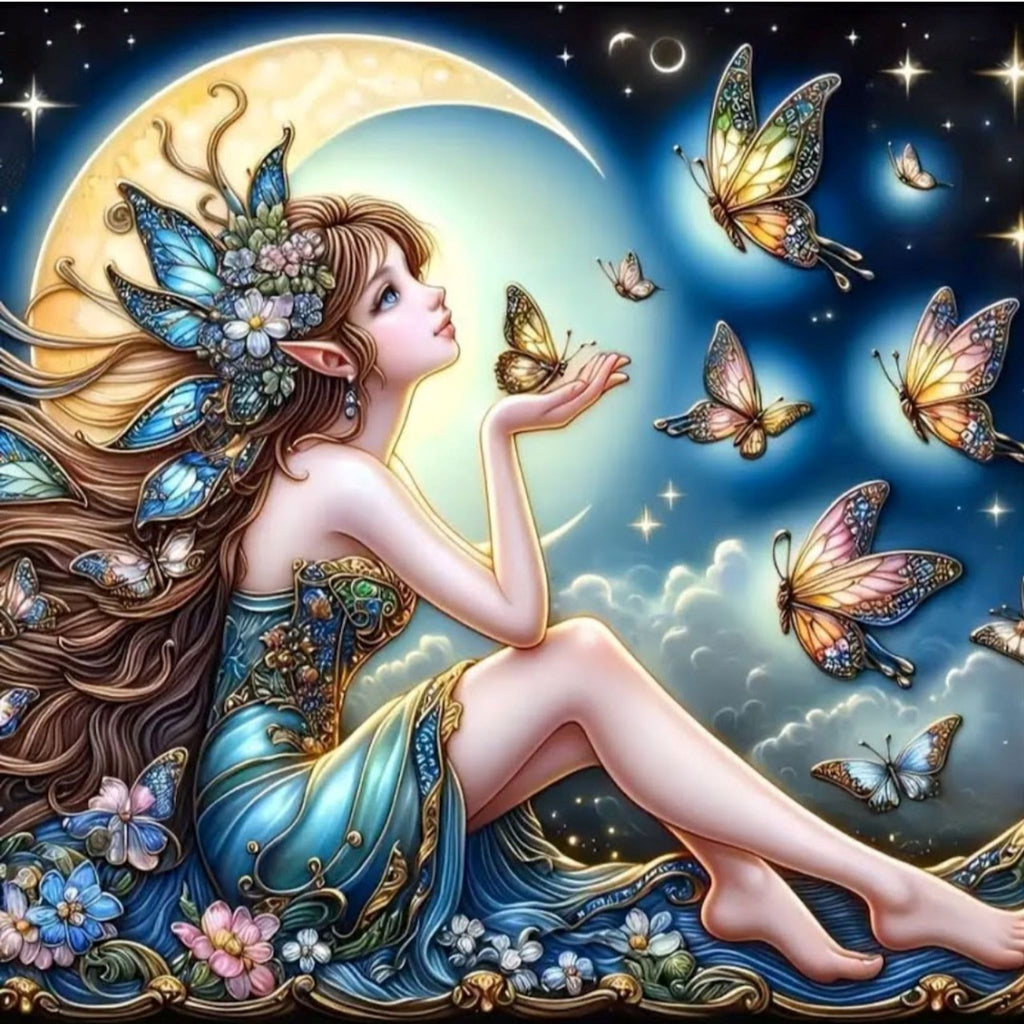 Diamond Painting Fée Papillons Lune 40x40 | Diamants Ronds - Art & Trésorts
