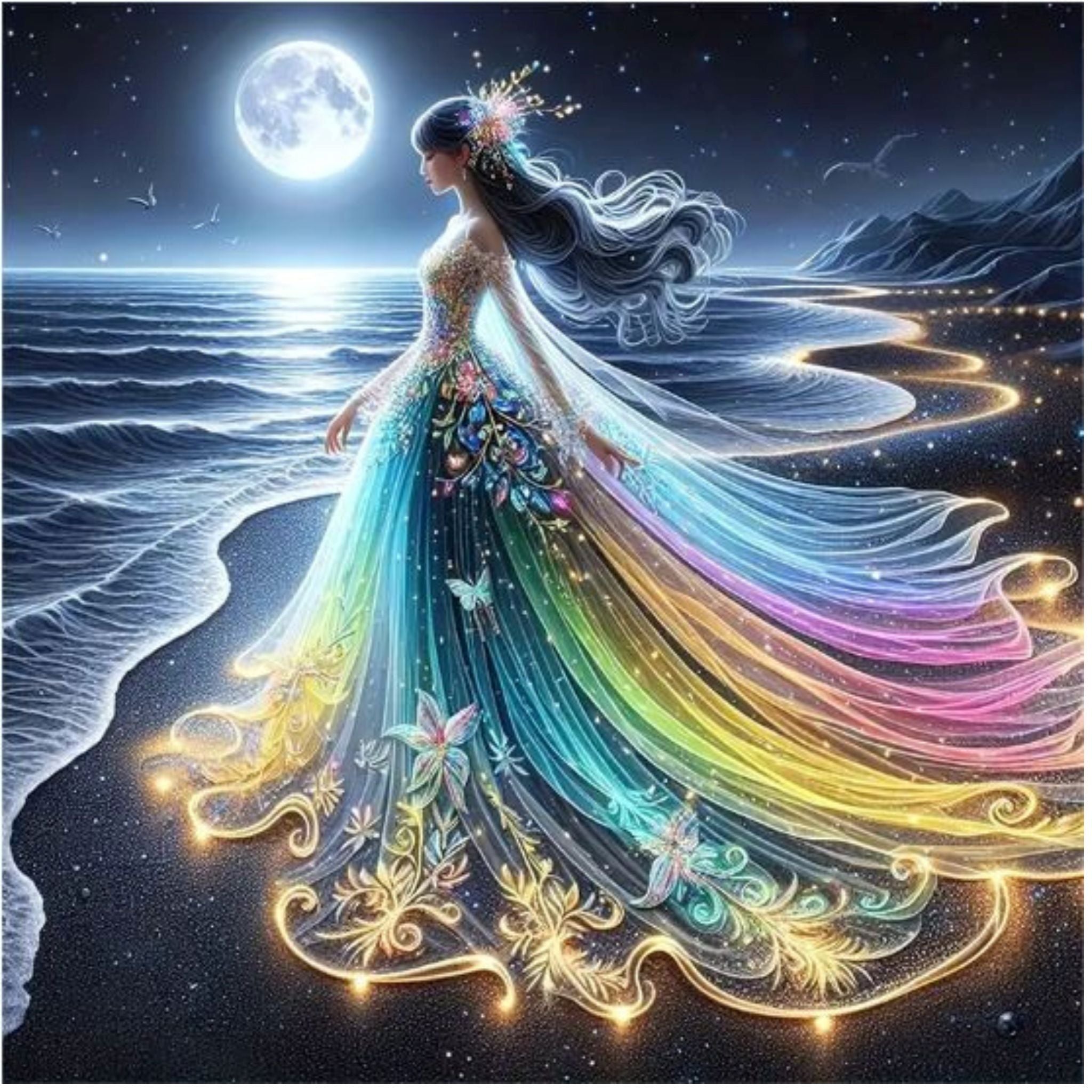 Kit complet diamond painting fée plage lune 40 par 40cm. Diamants ronds